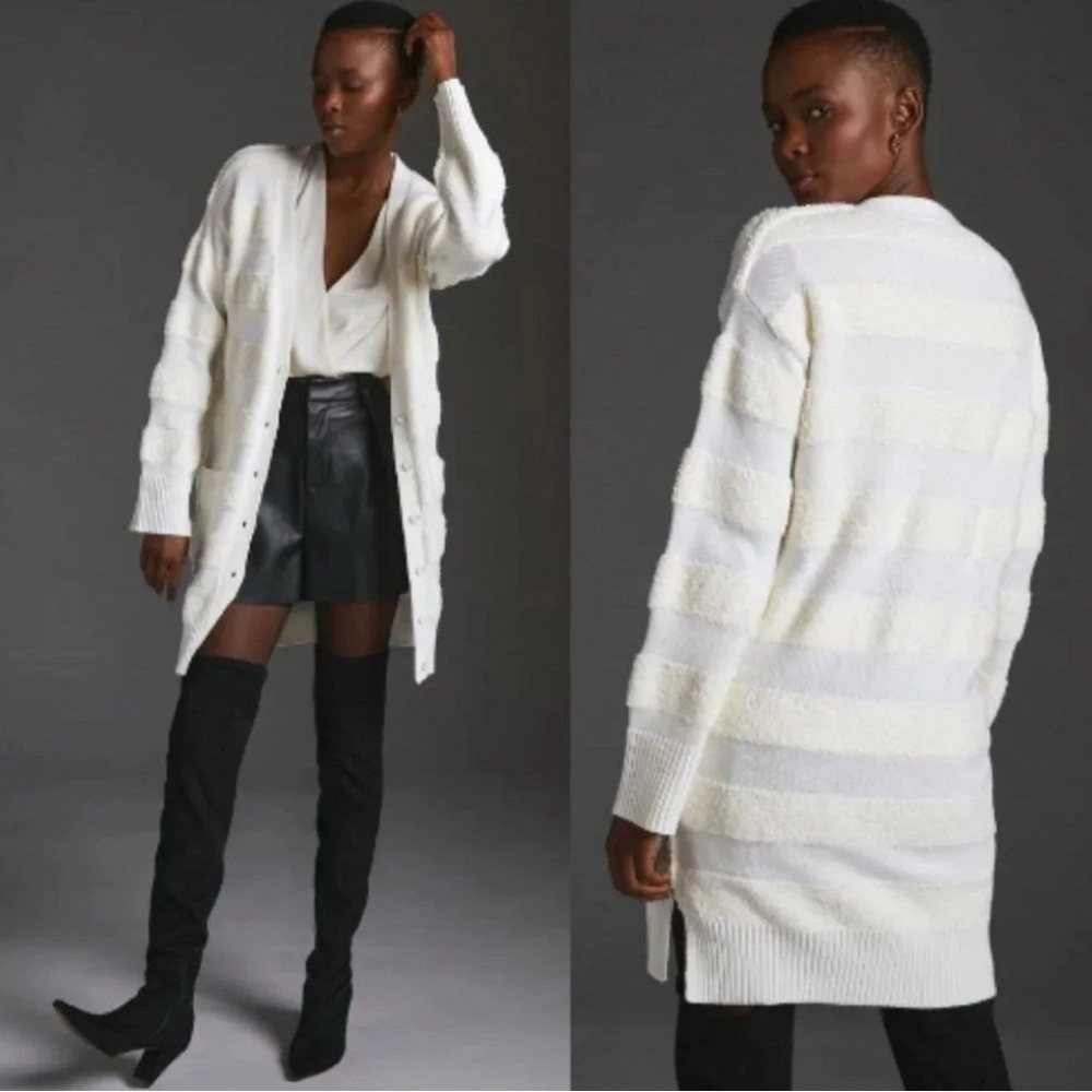 Anthropologie Cardigan Womens Medium Daily Practice Texture Stripe Long Line